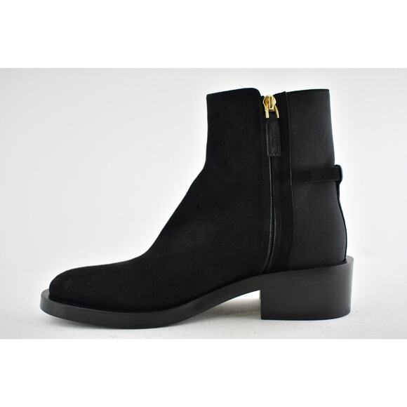 Valentino V Logo Gold Black Suede Block Heel Short Ankle Chelsea Zip Bootie 37.5 - Picture 6 of 10